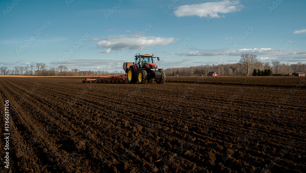 Fototapeta premium Seasonal farm work, a tractor sowing a field in spring, copy space about growing organic crops