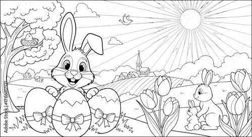 Vector art of easter bunny with decorated eggs in a field of tulips under a bright sun, with a church in the distance