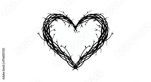 Intricate thorny branches woven into a dark heart shape against a white background