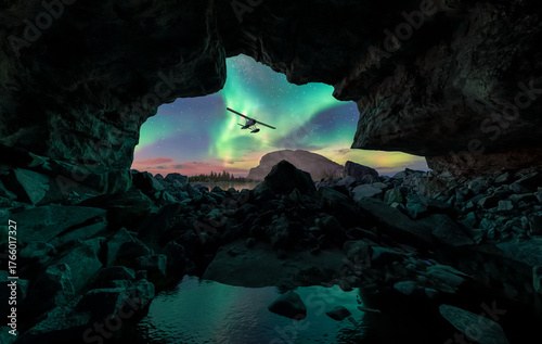 Aurora Over Rugged Cave Shoreline With Helicopter Silhouette, Dramatic Night Scene