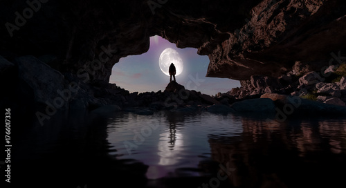 Silhouette On Rocks Inside Moonlit Cave With Large Moon Framing The Sky