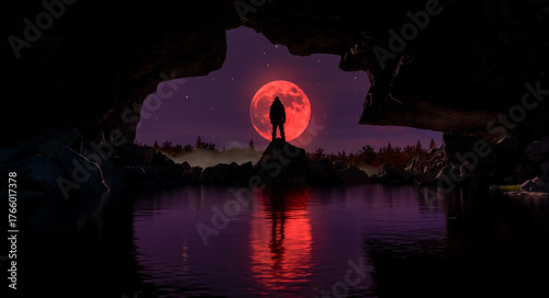 Silhouette Explorer On a Rugged Rock Beneath a Red Moon Shining Over a Moonlit Cave