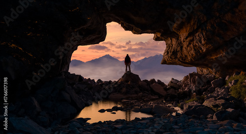 Hiker Silhouette On Rock Inside Cave At Sunrise Toward Distant Mountain Range View