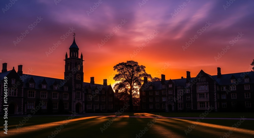 Fototapeta premium Silhouette of a stately building with a central tower against a vibrant sunset sky.