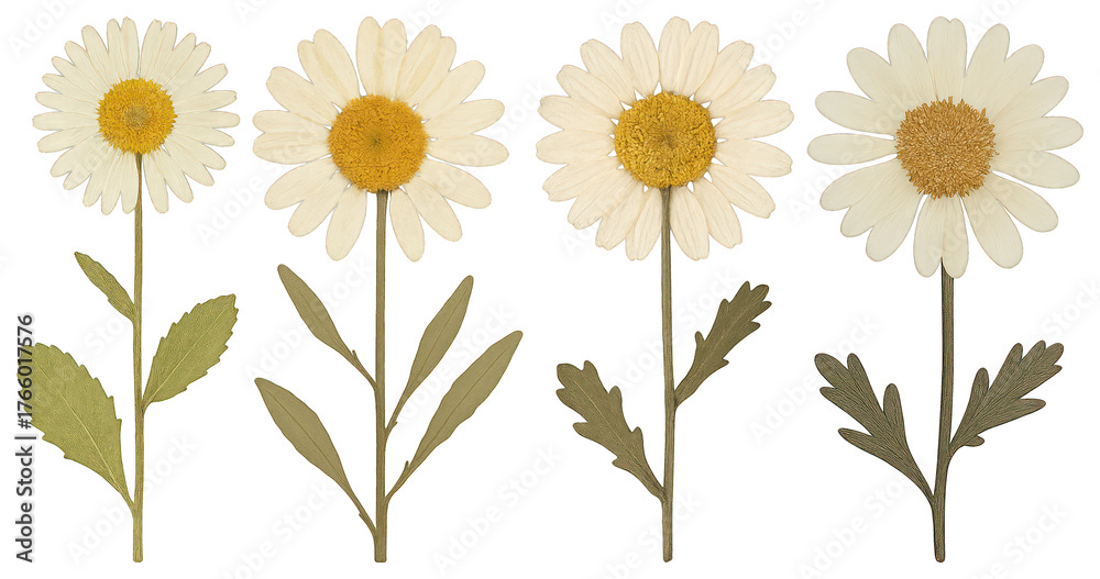 Fototapeta premium PNG Four pressed daisy flowers aligned, element set on transparent background
