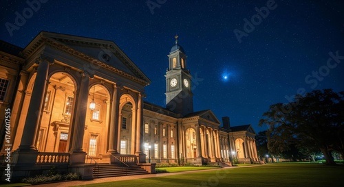 Nighttime view of a grand historic building with illuminated facade and clock tower.