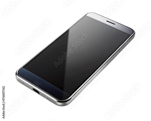 A modern smartphone with a black screen isolated on a transparent background