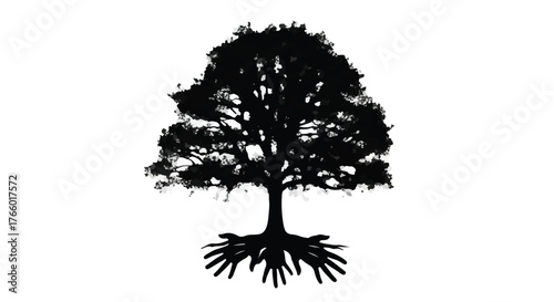 Silhouette of a strong tree with human hands forming its roots, symbolizing growth and connection.