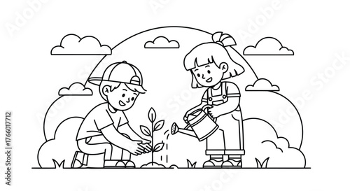 Vector art of an adorable coloring page depicting two children, a boy and a girl, planting a small tree together, symbolizing environmental care and teamwork, set against a simple, clean background