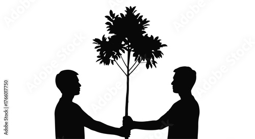 Two people in silhouette sharing a sapling, symbolizing growth and partnership.