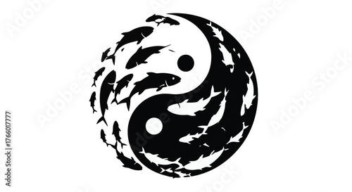 School of fish forming a dynamic yin yang symbol, representing balance and harmony
