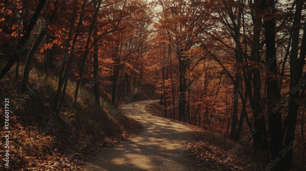 Fototapeta premium A winding path through an autumn forest with orange leaves and tall trees casting shadows on the road