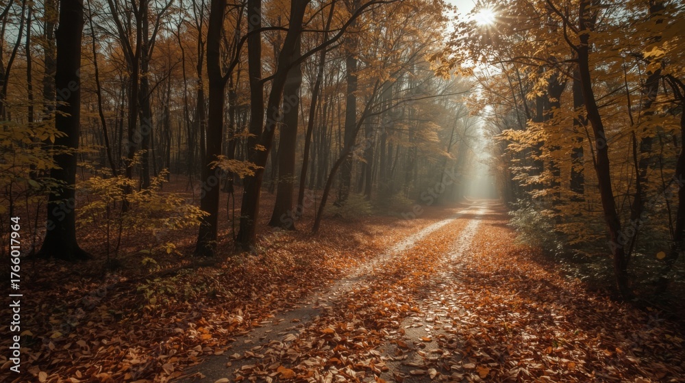 Fototapeta premium A forest path covered in fallen leaves with sunlight streaming through the trees in autumn season scene