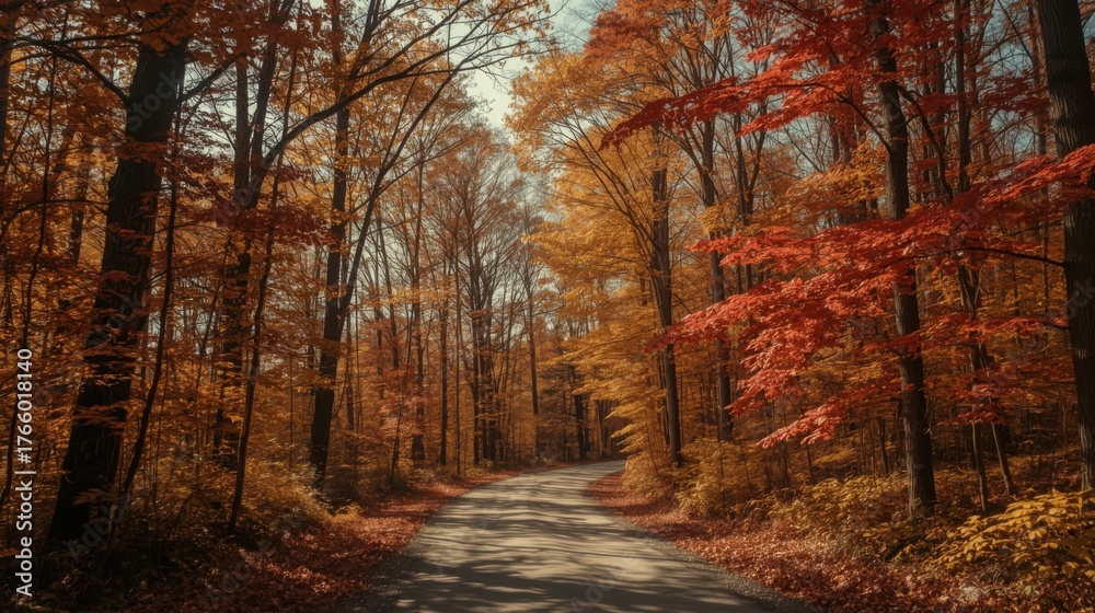 Fototapeta premium A winding road through a vibrant autumn forest with colorful trees and fallen leaves on the ground
