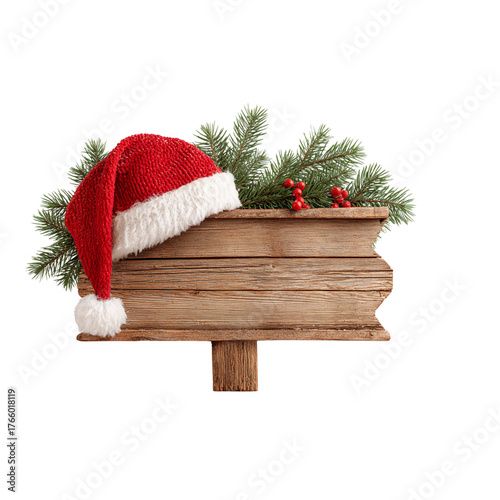 Festive christmas wooden signpost adorned with santa hat pine needles and red berries