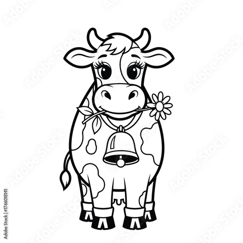 Vector art of cute cartoon cow with a bell around its neck and a flower in its mouth