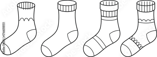 Sock design vector illustration, cartoon-style comparison of four unique sock patterns with ribbed tops, stripes, scallops on white background