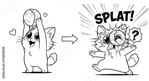 Vector art of cute cartoon cat playing with a ball and then getting hit by it, with splat effect and question mark
