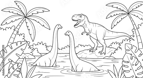 Vector art of prehistoric scene with a tyrannosaurus rex chasing two longnecked dinosaurs in a swampy jungle with palm trees and lush vegetation