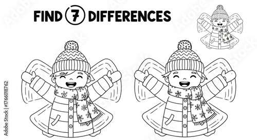 Vector art of a find the difference game with two identical cartoon images of a child making a snow angel, with 7 differences to spot, isolated on a