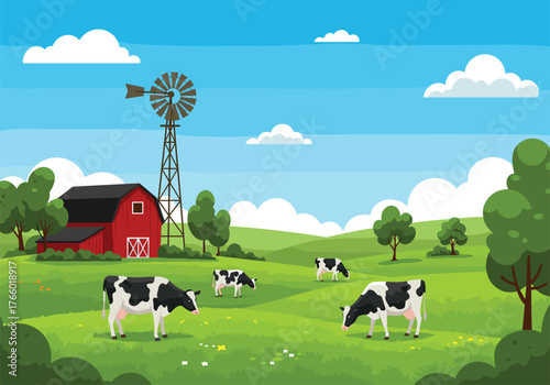 Farm landscape vector illustration, cows grazing on green field, red barn, windmill, trees, hills and blue sky with clouds in cartoon style