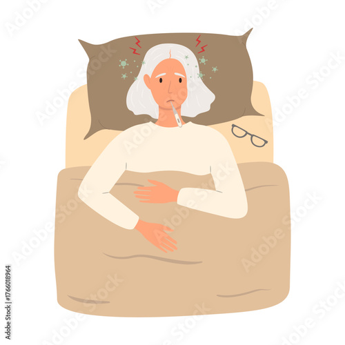Cartoon vector illustration of a sick elderly woman lying in bed with a thermometer in her mouth and a towel on her head. Around her are microbes, bacteria, and red lightning symbols indicating fever.