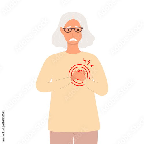 Cartoon vector illustration of an elderly woman clutching her chest in pain. Red circle and lightning symbols around her heart represent acute pain, heart attack, or cardiovascular problem.