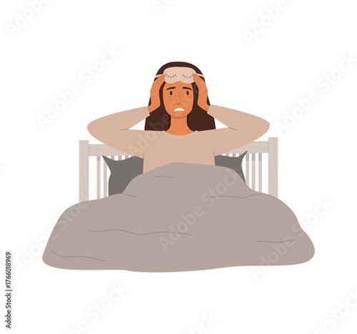 Vector illustration of a woman sitting in bed after a nightmare, holding his head in fear and confusion. Concept of bad dreams, anxiety, and restless sleep.
