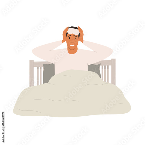 Vector illustration of a sad man sitting in bed, holding his head in his hands. Concept of insomnia, restless night, stress, anxiety, and sleep disorders.