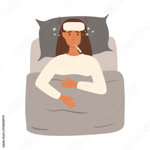 PrintCartoon vector illustration of a sick woman lying in bed with a thermometer in her mouth and a towel on her head. Around her are microbes, bacteria, and red lightning symbols indicating fever.