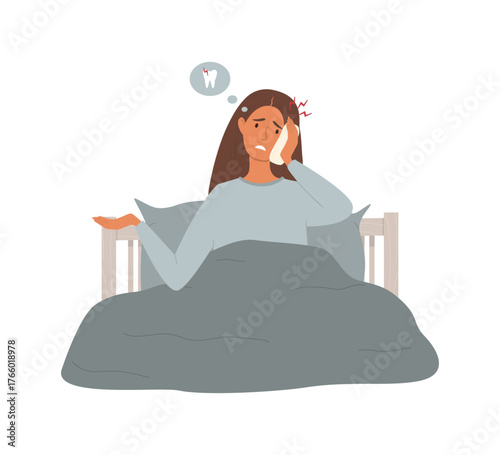 Cartoon vector illustration of a woman sitting in bed, unable to sleep because of toothache. She holds her cheek with a towel, wearing a sleep mask. A thought bubble shows a painful tooth with lightni