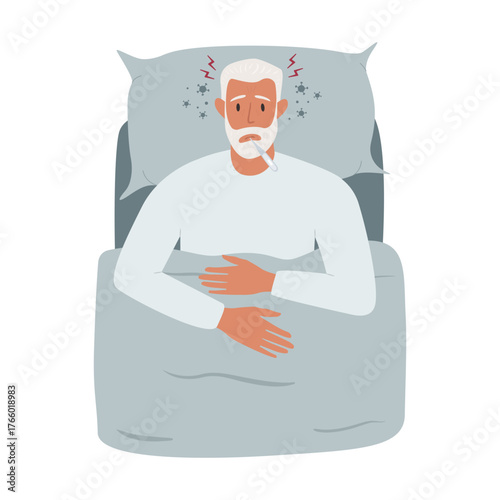 Cartoon vector illustration of a sick elderly man lying in bed with a thermometer in her mouth and a towel on her head. Around her are microbes, bacteria, and red lightning symbols indicating fever.