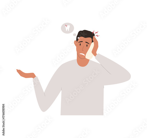 Cartoon vector illustration of a man suffering from toothache. He holds his cheek with a towel, and above his head in a thought bubble is a tooth with a lightning bolt symbolizing sharp pain.