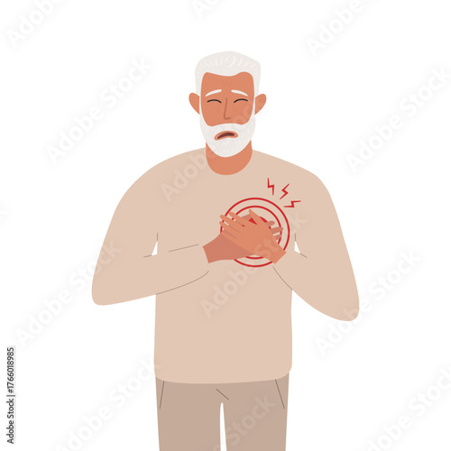 Cartoon vector illustration of an elderly man clutching her chest in pain. Red circle and lightning symbols around her heart represent acute pain, heart attack, or cardiovascular problem.