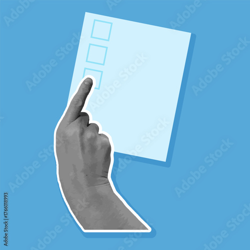 A black and white hand points at a ballot on Election Day