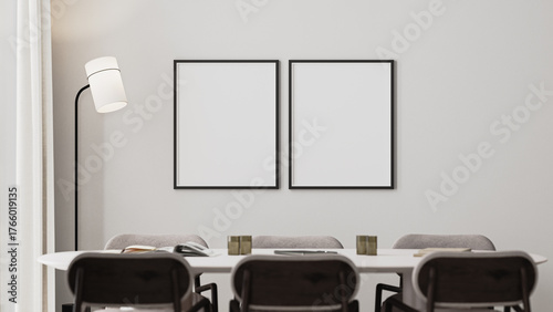 empty two frames mock-up in meeting room interior with long desk,modern chairs and floor lamp, 3d render cloud dancer