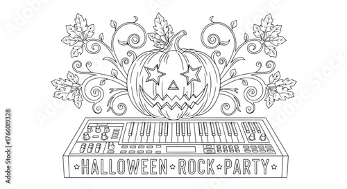 Vector art of halloween rock party with a carved pumpkin and keyboard