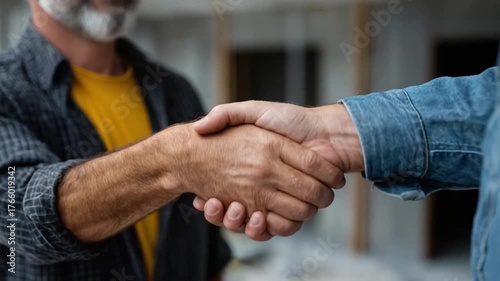 Two men shake hands in a friendly agreement or greeting.
