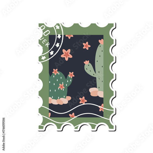 Cactus postage stamp with pink flowers. Stamp illustration for invitations, stationery, journals, or scrapbook stickers on a transparent background