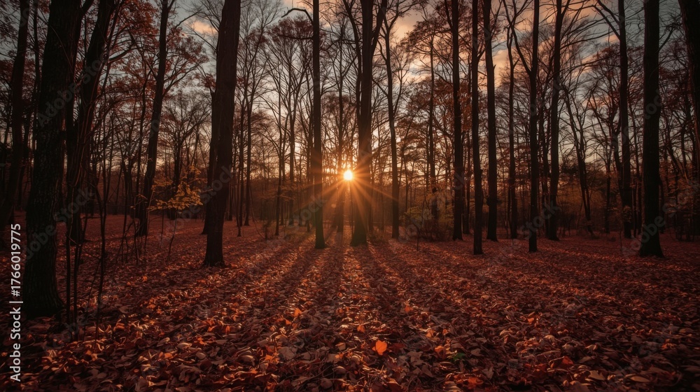 Fototapeta premium Sunset shining through bare trees in autumn forest with fallen leaves covering the ground beautifully