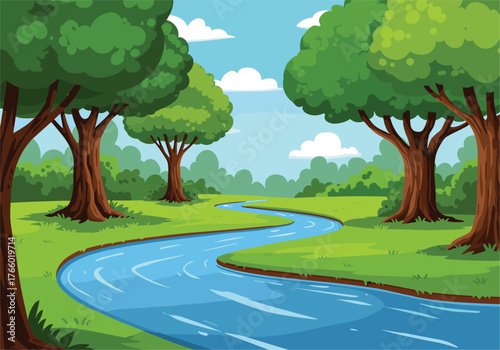 Forest river vector illustration, winding blue stream through green trees, grassy banks, bright sky with clouds in peaceful nature landscape design
