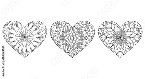 Vector art of three intricately designed heart shapes with mandala patterns, suitable for coloring or decorative purposes