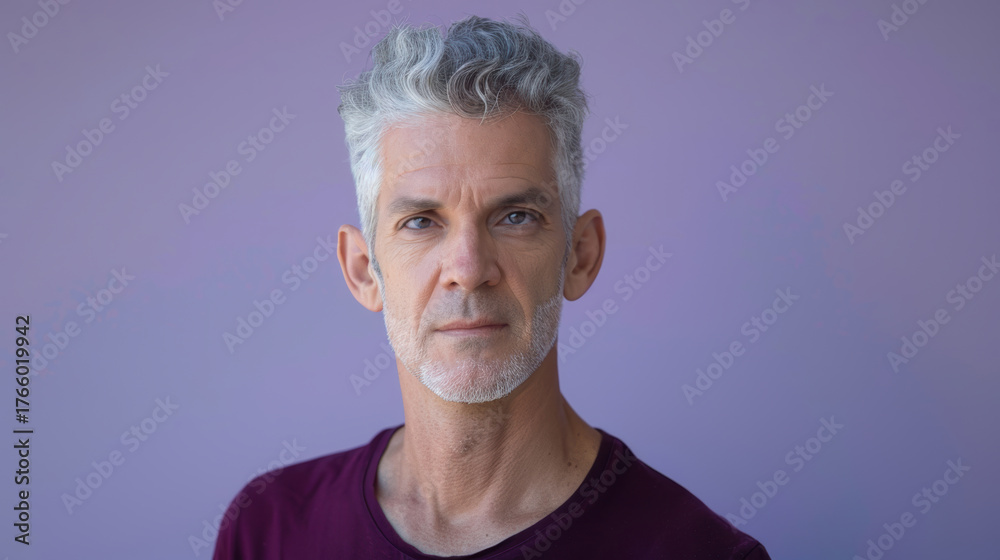 Obraz premium Thoughtful Silver-Haired Man in Dark Red Shirt Against Lavender Background