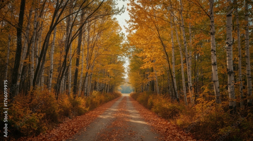 Obraz premium A path through a vibrant autumn forest with yellow leaves and birch trees lining both sides of the road