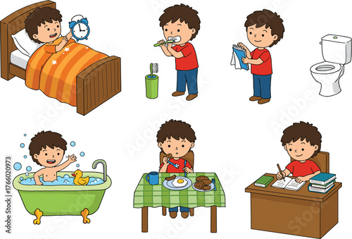 Child daily routine vector illustration, cartoon-style scenes of waking up, brushing teeth, bathing, eating, studying and hygiene habits design
