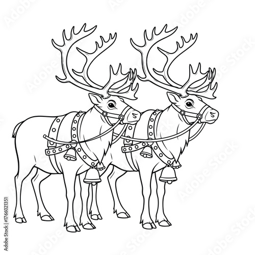 Vector art of two reindeer harnessed together, with bells, ready to pull a sleigh