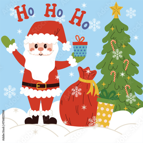 Square Christmas card with a scene of a joyful Santa Claus saying ho-ho-ho and a sack of presents against a background of a Christmas tree and falling snowflakes. Festive greeting poster.