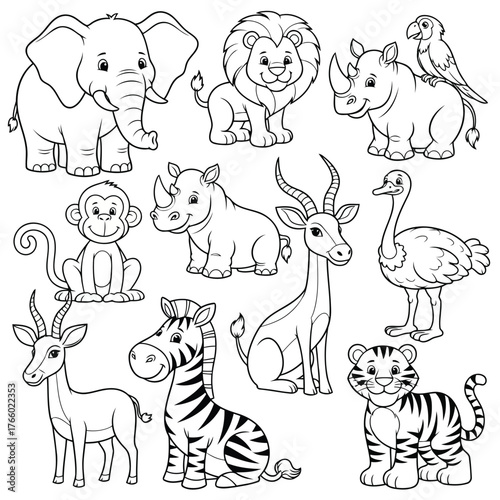 Vector art of collection of cartoon wild animals, including an elephant, lion, rhino, monkey, zebra, giraffe, tiger, antelope, and parrot