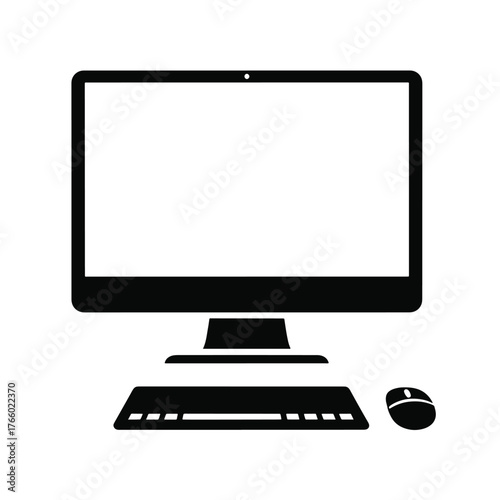 Black silhouette of a modern all in one computer with keyboard and mouse on white background desktop