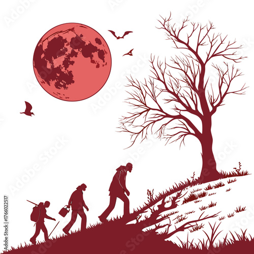 Zombie silhouettes walking on a hill under a blood moon